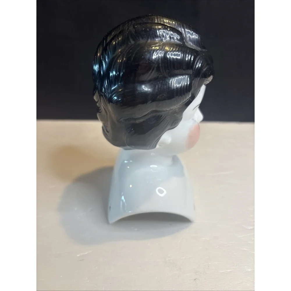 Antique German China Head Doll Head Black Curly Hair Blue Eyes Low Brow